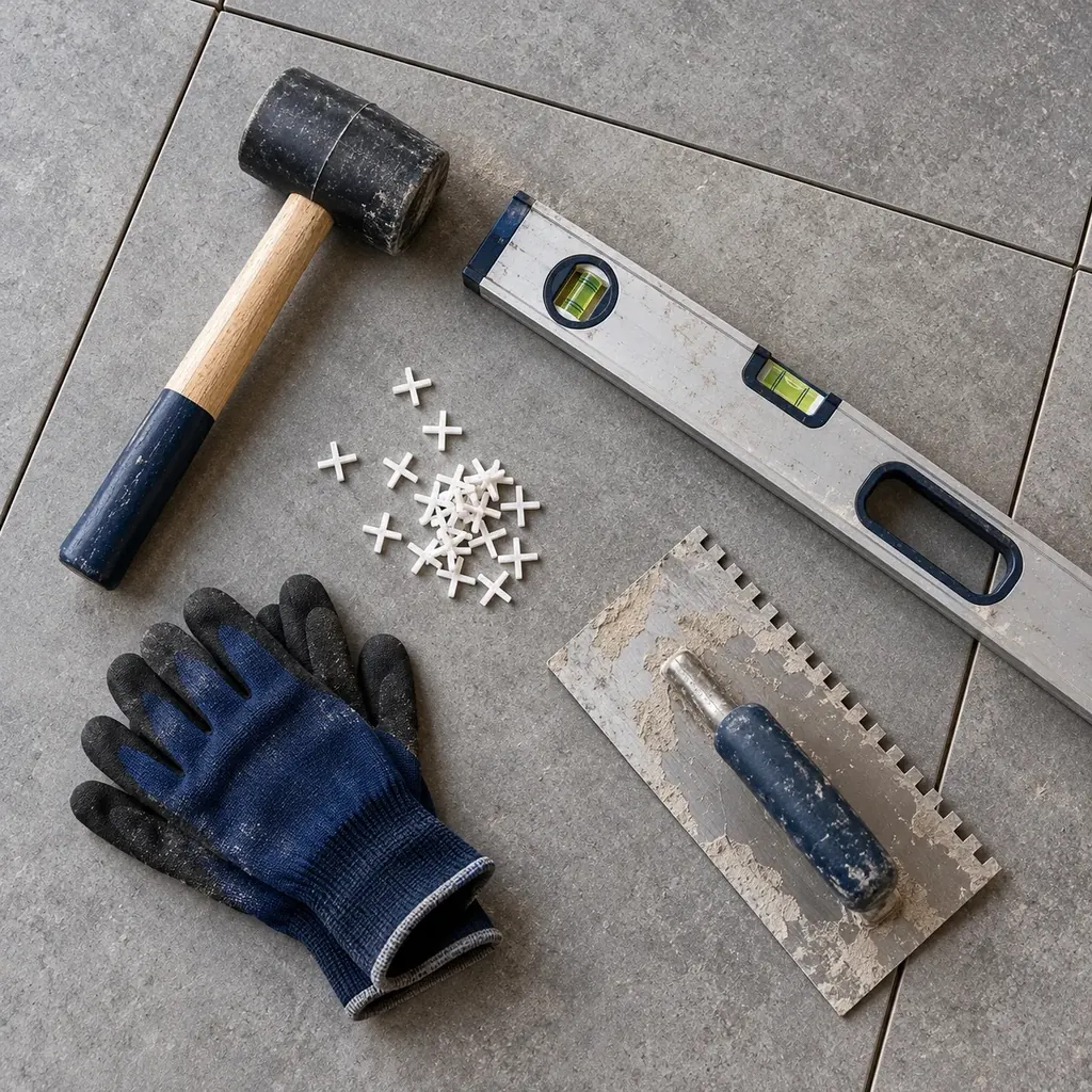 Gereedschap van een stratenmaker en tegelzetter van dichtbij