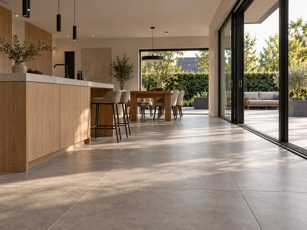 Woonkamer met grootformaat vloertegels
